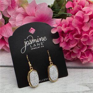 Gold Tone Silver Druzy Oval Drop Earrings French Hook 1" Jasmine Lane NWT